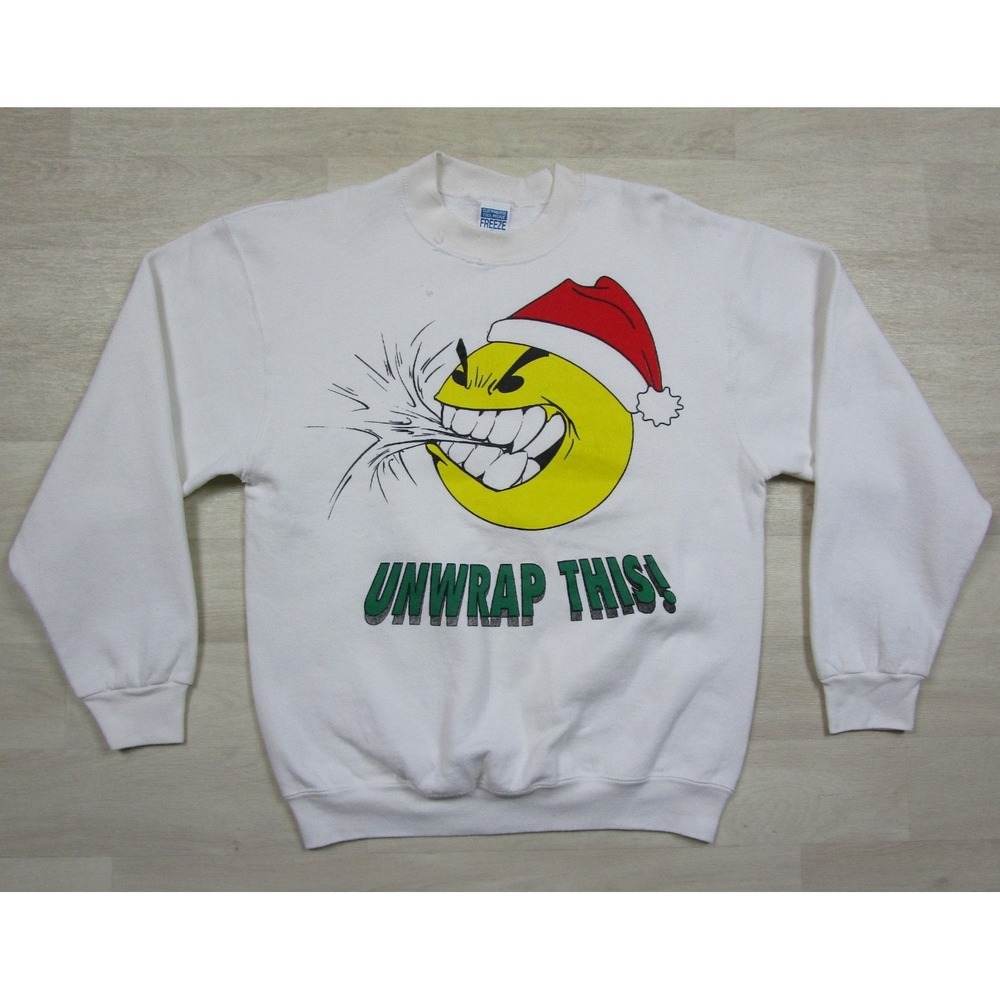 Vintage 90s Christmas Crewneck Sweatshirt Size (M) "Unwrap This" Humor Freeze